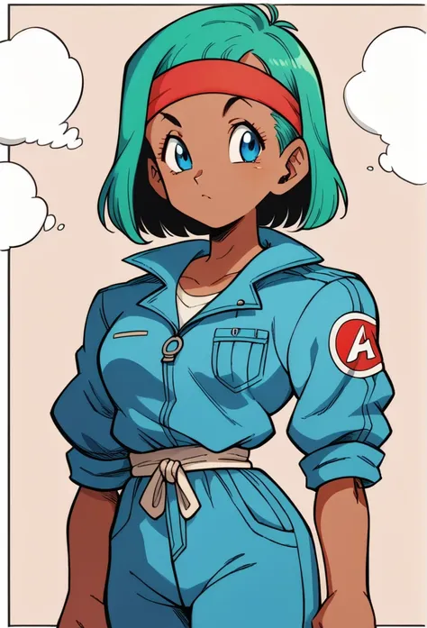 1 girl, dark skinned woman, blue-green hair, medium length hair, headband red , blue jumpsuit, blue eyes,