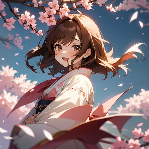 Cute Girls、Young、Wavy Hair、Brown Hair、Cherry blossom petals are falling桜並木、Cherry Blossoms at Night、Big full moon、Fantasy、Cherry blossom petals are falling、She shyly turns around and smiles.、Brown eyes、Otaku-style animation、Animation Beautiful Girl、kimono、...