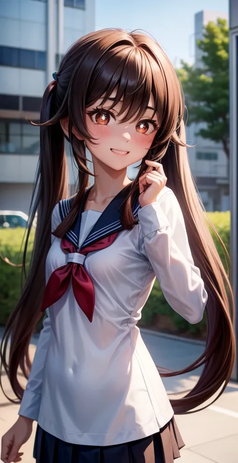 High resolution, HD, best quality, extremely detailed, masterpiece (best quality), 1 girl, Hu Tao, brown hair, long hair (pigtails), (teenager), (Japanese female uniform), ((sailor school uniform)), slim body, (medium breasts), (provocative smile), (blushi...