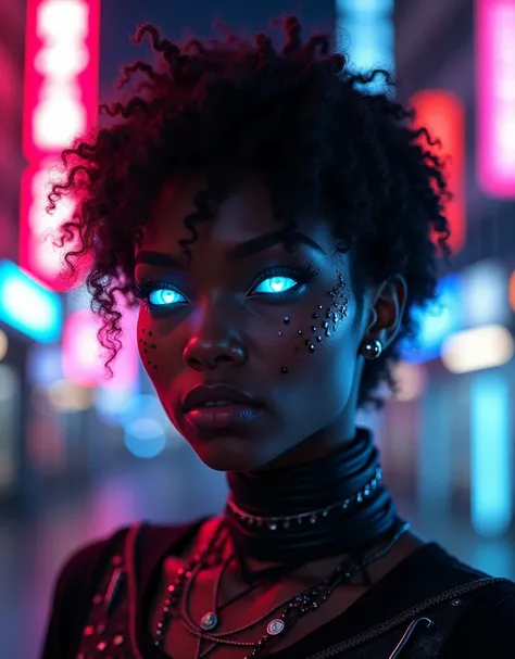 Drawing a black girl cyberpunk style, night，Neon，Short curly hair, perforation, cosmetic，front，Glowing eyes