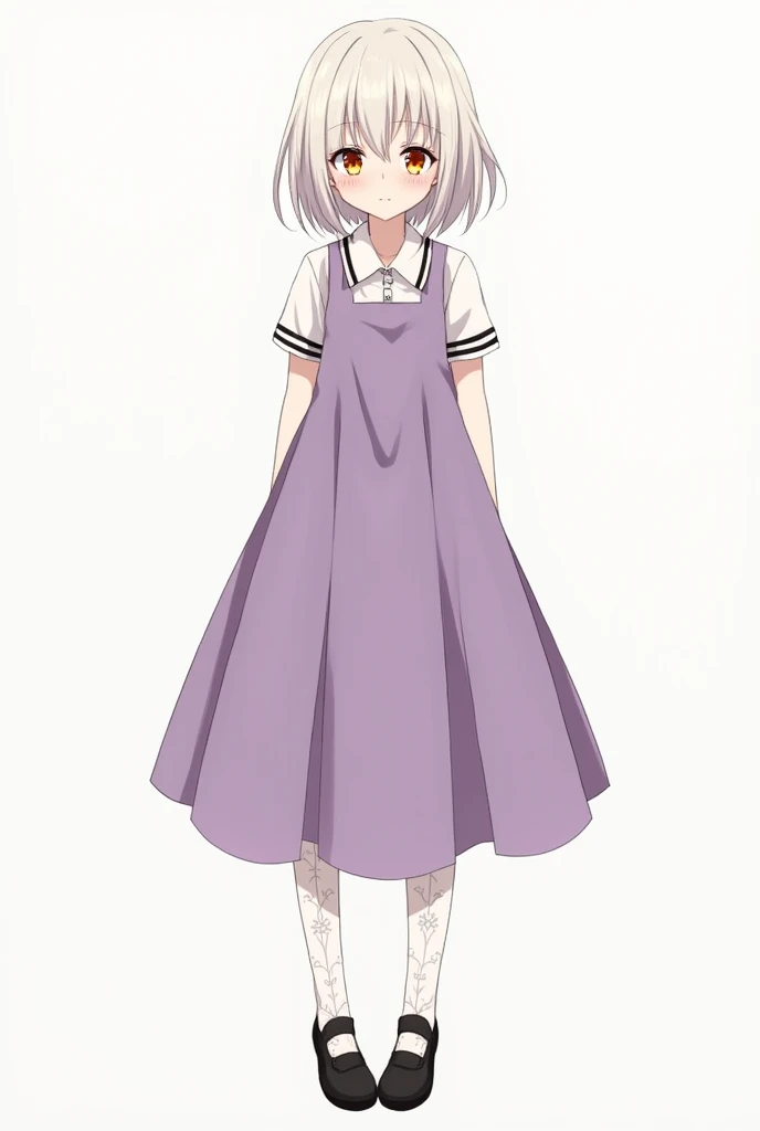 Anime drawing of a girl with pale blonde hair that is neither short nor long ,pale skin,orange eyes,purple dress,black shoes,long stockings with white design with black stripes,Under the dress she wears a long white polo shirt with black stripes,you have d...