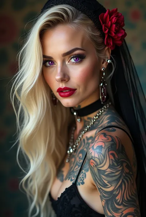 uma mulher vestida com um véu e uma flor no cabelo, roupas de rock, tatuagens and piercings, with tatuagens, tatuado, foto de retrato, tatuado skin, tatuado face, tatuado pinup, tatuagens all over the skin, Glamour colorido do retrato, estilo de tatuagem, ...