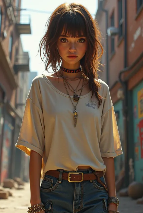 Teenager with mullet hair with bangs and brown highlights wearing slightly baggy drip-style clothing in an urban neighborhood