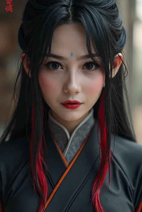 Capture of baku no hero, pale woman with Korean features, attractive,beautiful, tender , big puppy-like eyes, medium lips with Pirncing snakes bites, faded pink lips, long straight hair with black and red on the sides and bottom, uniform of baku no hero. 