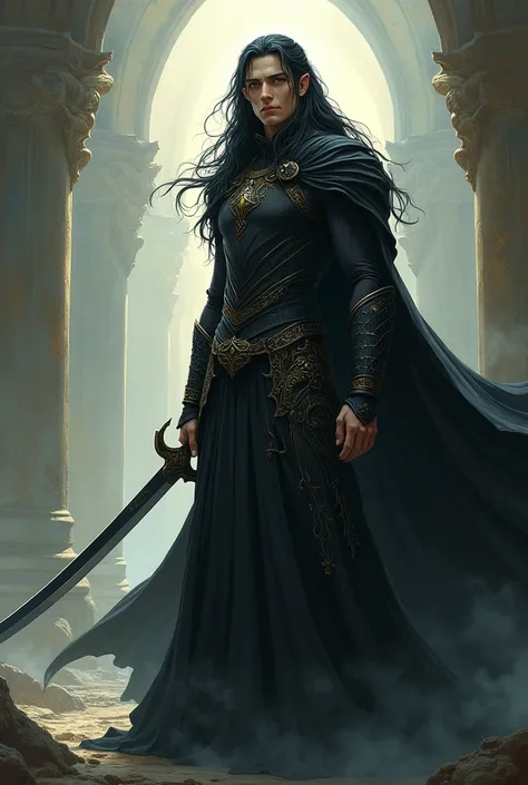 Make me an elf man from the Lord of the Rings universe, with long and beautiful black hair, with soft golden eyes, with black and gold armor, with a long black skirt, with a black cape, holding a curved elven-like sword, equally black and gold, anime style...