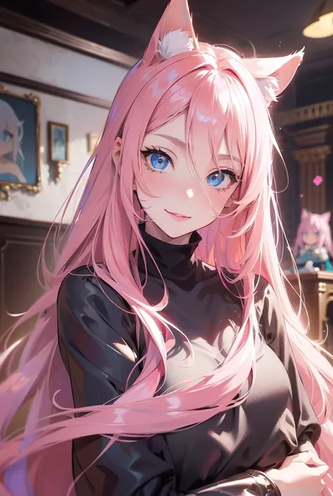 masterpiece), best quality, expressive eyes, perfect face, long pink Hair, , Messy hair blue eyes, milf , pink lips , milf face, outfit dark ,neko ears , neko girl, 1girl, seductive shy, smile, room The room, neon, IncrsHeadGrabPOV,madure girlPechos, La me...