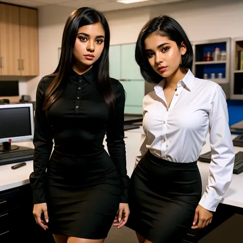 2girl, beautiful detailed, cute face, cute nerdy wide hips Latina emo teens, slim, different personalities, short black hair, black hair over one eye, long sleeve dress shirt tucked in tight dress pants, pearshaped wide hips, full body photo close up, in a...