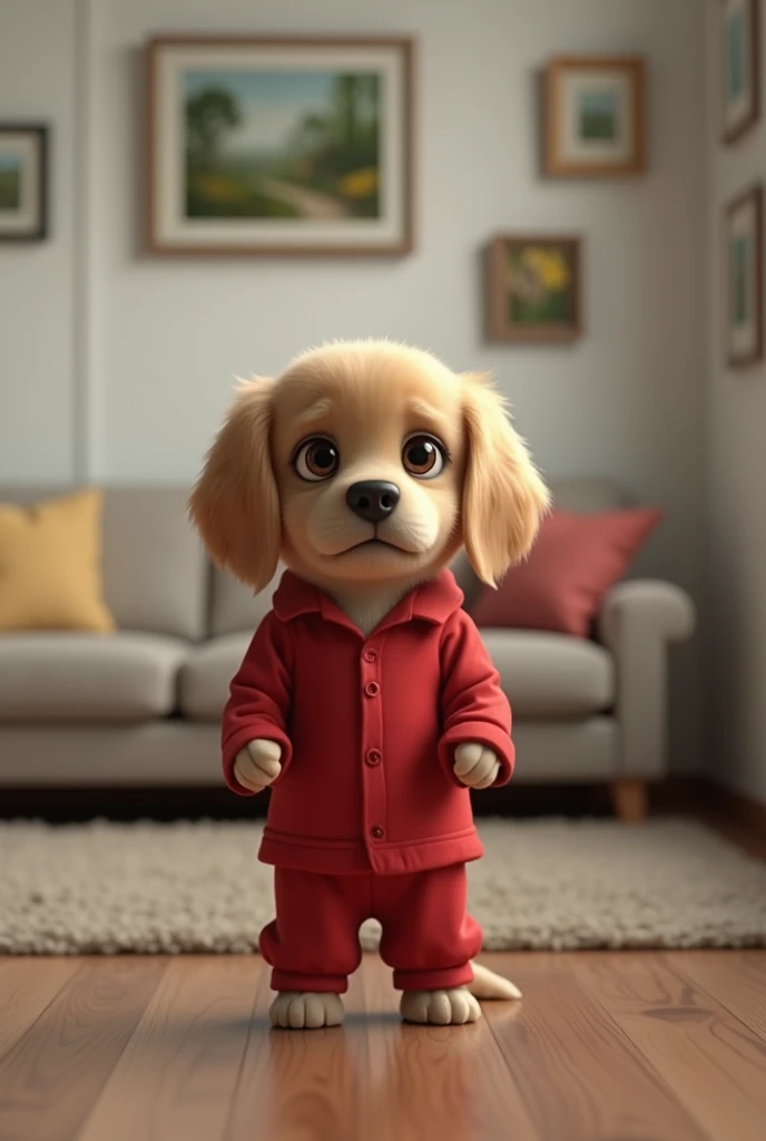 Small golden retriever,stand,wearing red pajamas,both hands holding the eyes,sad facial expression,crying,home room background,white wall,there are sofa chairs and paintings on the wall,side angle camera