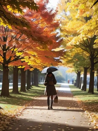 Autumn leaves on a tree々Girl walking under the tree　Sunlight filtering through the trees　Fallen leaves at your feet