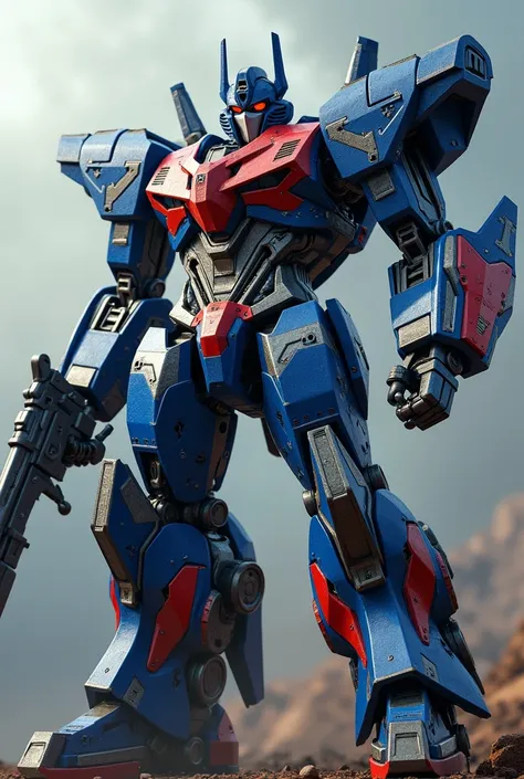 a large highly detailed robot with blue red and silver armor, a heroic transforming robot, intricate mechanical design, extremely detailed face and eyes, dynamic action pose, wielding the Sword of Matrix, cinematic lighting, dramatic shadows, photorealisti...