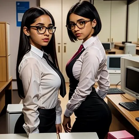 2girl, beautiful detailed, cute face, cute nerdy wide hips Latina emo teens, slim, different personalities, short black hair, black hair over one eye, long sleeve dress shirt tucked in tight dress pants, pearshaped wide hips, full body photo close up, in a...