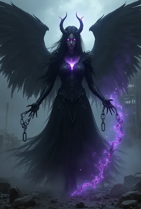 morgana, The Fall, emerges from the shadows with its dark halo and corrupted wings spread, surrounded by an ethereal and oppressive atmosphere. Her eyes shine with a deep violet, reflecting his internal struggle between justice and revenge. With one hand, ...