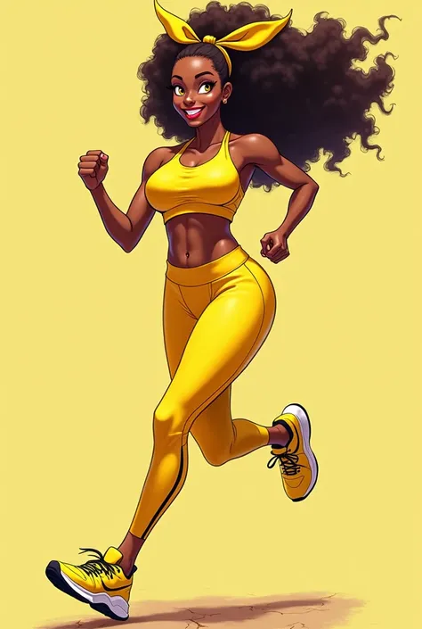 Imagine an African American anime woman with vibrant red lips that highlight her cheerful expression. Her bright yellow eyes reflect energy and determination.. Her long curly hair, of a light brown, It is tied in a ponytail that falls backwards, while a br...