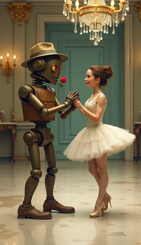 A digital illustration of a rusty, clumsy robot trying to learn to dance tango from an elegant and patient professional ballerina. The robot is wearing a felt hat and has a rose in its mouth., as the ballerina smiles gently, trying to guide him through the...