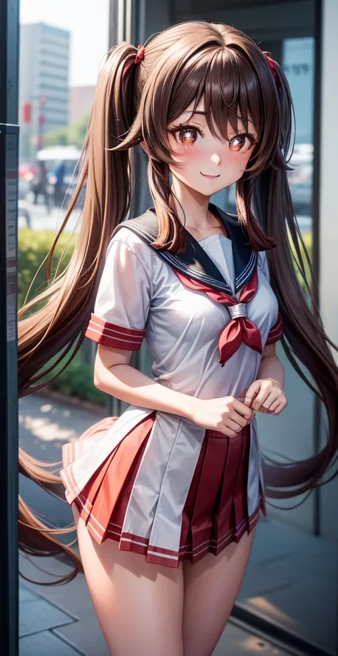 High resolution, HD, best quality, extremely detailed, masterpiece (best quality), 1 girl, Hu Tao, brown hair, long hair (pigtails), (teenager), (Japanese female uniform), ((sailor school uniform)), slim body, (medium breasts), (provocative smile), (blushi...