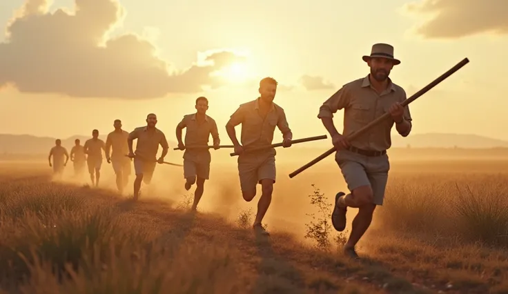 People working in the field come running with stick and stones in their hands 3d image 