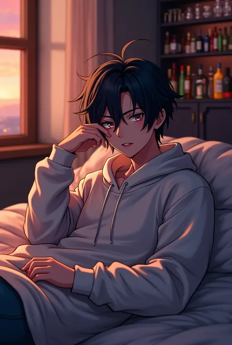 Lucifer anime style young man relaxing on bed with a hoddie relaxing with a bar behind and looking outside