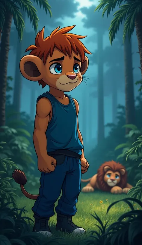 Character: A 1 male orange lion, with a short, messy mane, and blue eyes that reflect pain. He wears a blue-themed sleeveless top and rugged blue pants, with simple dark blue shoes.
Background: The deep jungle, filled with tall trees and thick green foliag...