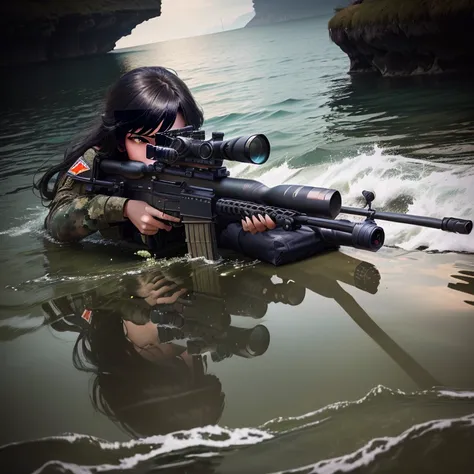 arafed woman in a body of water with a gun, of a sniper girl in war, sniper, aiming, perfect shot, with rifle, shooting pose, military photography, close-up shoot, breathtaking shot, very accurate photo, armed and dangerous, shooting, high quality action p...