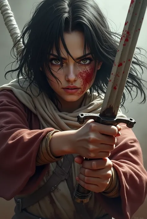 anime, a woman with a sword and blood on her face, snk, (attack on titans anime), from attack on titan, kawacy, guweiz, artwork in the style of guweiz, berserk style, wojtek fus, attack on titan anime style, in attack on titan, makoto shinkai ( apex legend...