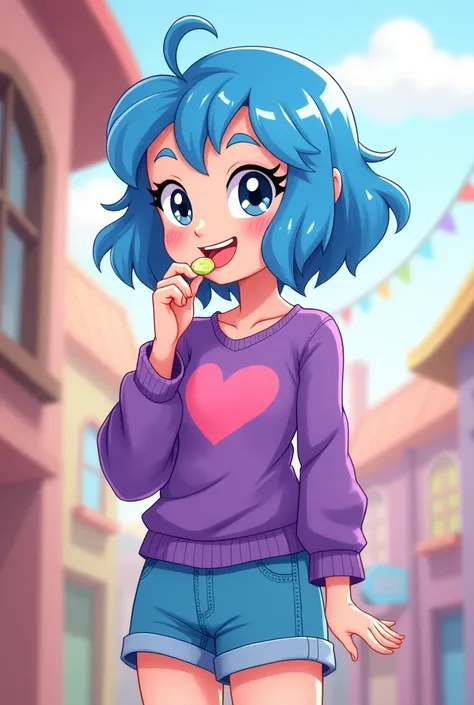 Slim girl with a big smile with short blue hair with a heart-shaped bodice with a purple sweater and bright blue denim shorts eating candy with freckles and blushing cheeks in equestria girls style.