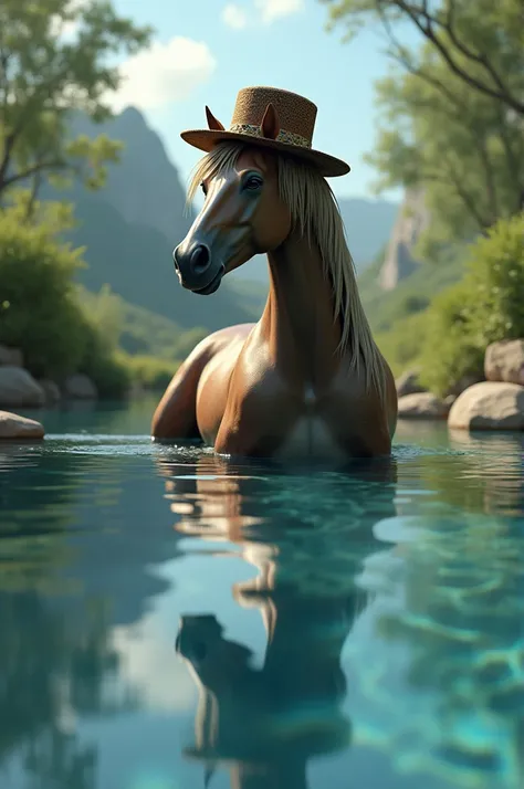 A horse with a hat in a pool 