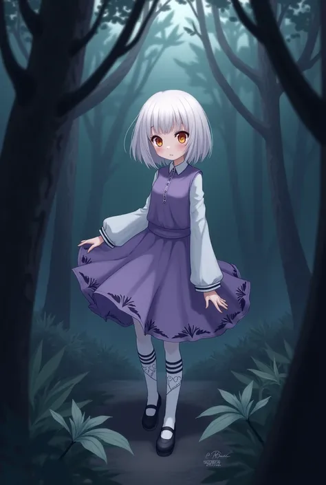 Anime drawing of a girl with pale blonde hair that is neither short nor long ,pale skin,orange eyes,purple dress,black shoes,long stockings with white design with black stripes,Under the dress she wears a long white polo shirt with black stripes,you have d...