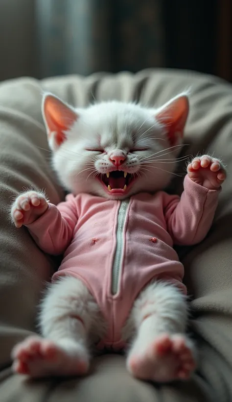 The white kitten itself was lying on its back weakly., full of wounds all over his body, Expression of pain, DRAMATIC SCENE, indoor background, kitten wearing pink pajamas,