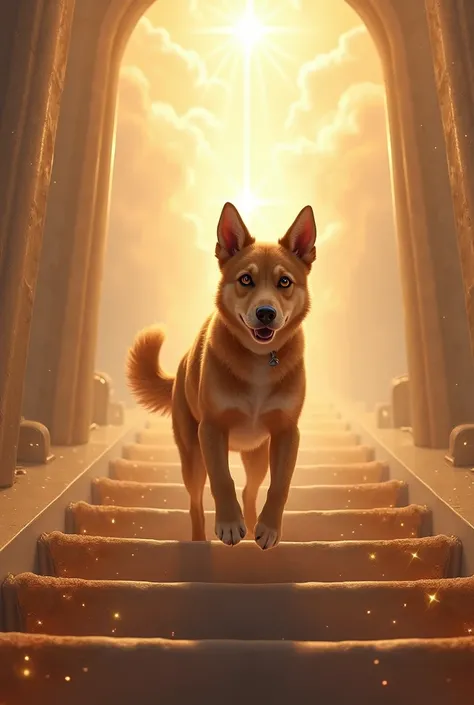 Caramel mongrel dog climbing the stairs to heaven.
