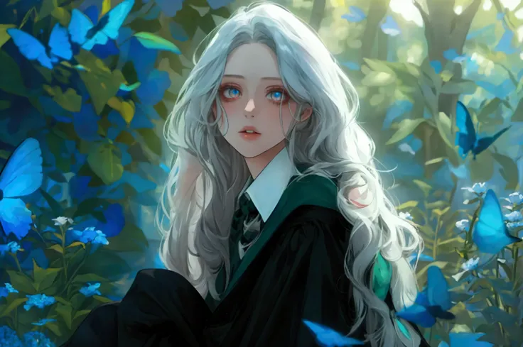 Veela, girl, long silver hair, which falls in soft waves around her face. Her eyes are a very light shade of pink, almost mystical, and have vertical pupils, giving them a fascinating and unique appearance. Her skin is pale, almost ethereal, contrasting wi...