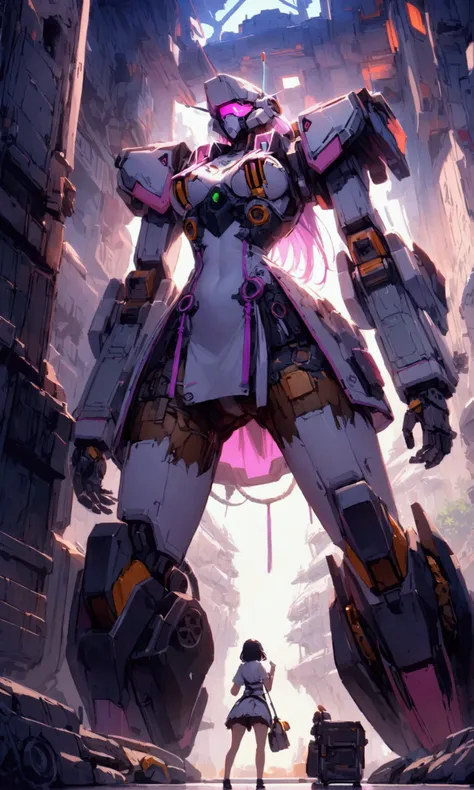 cute yuna (sexy technician outfit with frayed edges and many holes, grease smudges) is studying a mechs technical readouts on a wall (architectural design of mech), mech bay