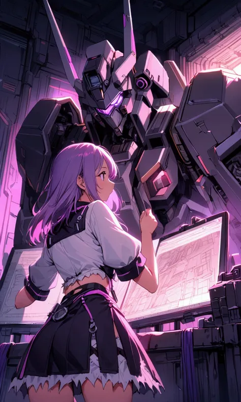 cute yuna (sexy technician outfit with frayed edges and many holes, grease smudges) is studying a mechs technical readouts on a wall (architectural design of mech), mech bay