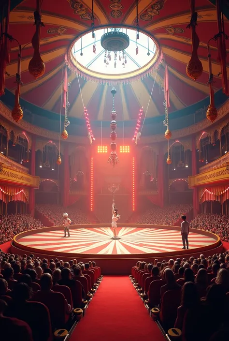 View of the inside of a circus tent, with a stage