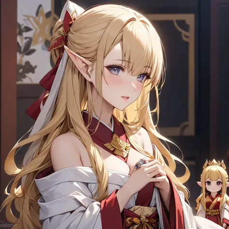 ((Best Quality)), ((masterpiece)), (detailed), （Perfect Face）、The female high elf is Seras Ashlain, dressed in a 12-layered kimono, a Hina doll, and is a blonde, medium-long-haired high elf with an engagement ring and gorgeous jewelry.