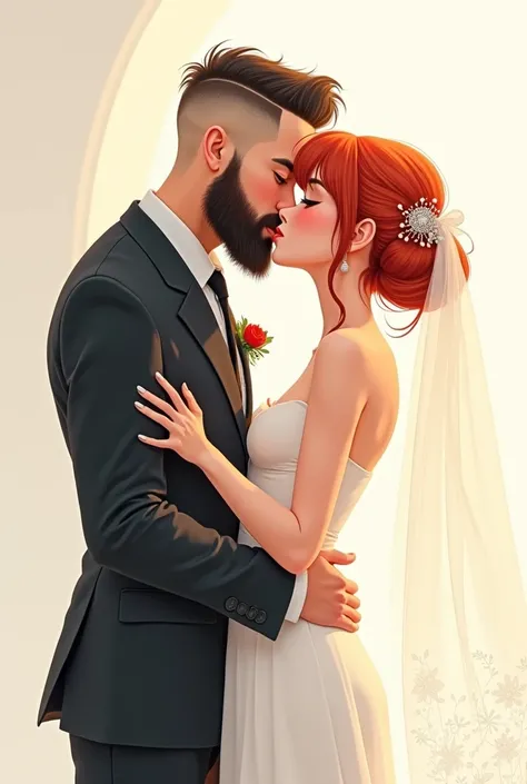 redhead woman, Red hair, fringe, wedding dress man, barba, shaved hair on the sides and long on top, strong, dark black suit Both getting married Kissing Anime drawing style 