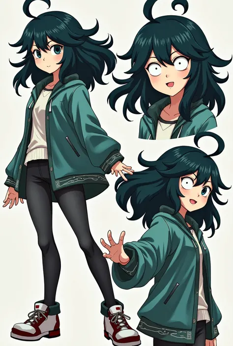 Boku no hero academia A girl with long black hair but she wears a hairstyle. She has pale skin, completely white eyes and clothes in the colors green, white and black. Multiple poses and expressions 
