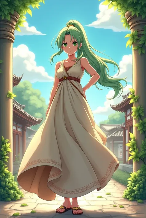 "Depict Fu, a young woman with long, light green hair tied in a high ponytail and bright green eyes, in an anime-style illustration. She is dressed in a flowing ancient Greek dress, known as a chiton, made of soft, light fabric that drapes elegantly around...