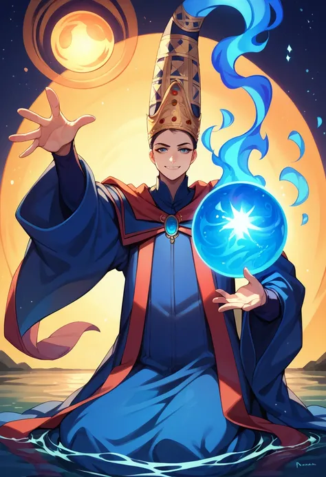 score_9, score_8_up, score_7_up, 1girl, solo, Rennala, crown, dress, blue robe, wide sleeves, long sleeves, smirk, casting a spell, magic spectre ball, blue fire ball, outstretched arm, looking at you, kneeling, night, on water, starry night, empty backgro...