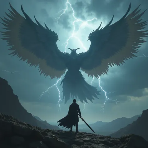 A solitary figure stands on a desolate, rocky outcrop, his mechanical wings unfurled. A storm brews on the horizon, and the first lightning bolts crackle. The warrior looks up, his expression determined, as he readies his massive sword. In the distance, a ...