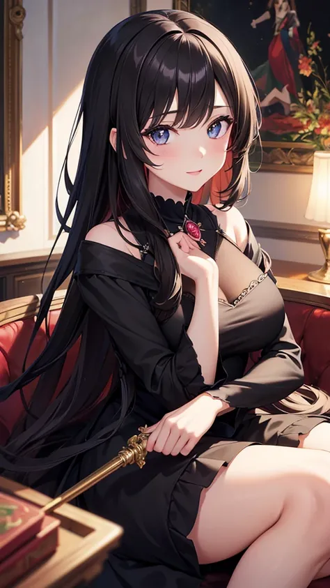 masterpiece, best quality, 1girl, solo, ((mature female)), round pupils, long hair, hair, princess, black dress, fantasy, happy, looking at viewer, cartoon, anime, (oil painting)