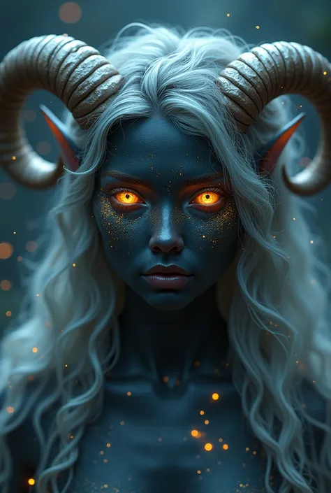 Hair colored like the night sky, pupils shaped like stars, dark skin, and horns in a spiral shape on the side of her head.

