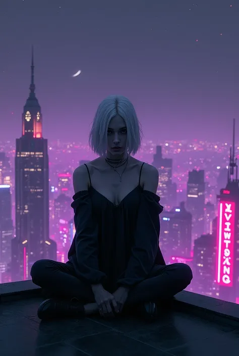 vampira , cabelo brancos e médio , there is a woman sitting on a ledge with a purple light, sits on a rooftop, girl sitting on a rooftop, lost in the void, at future neon light rooftop, on a rooftop, in a rooftop, dark and stars in the background, in front...