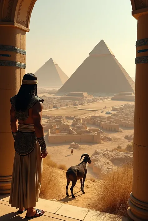 A hyper-realistic, high-resolution image set in ancient Egypt featuring four scenes in one image. Character descriptions: Pharaoh, looking like Luke Evans, 40 years old, athletic, clean-shaven, wearing a black and gold headpiece, armbands, bracelets, sanda...