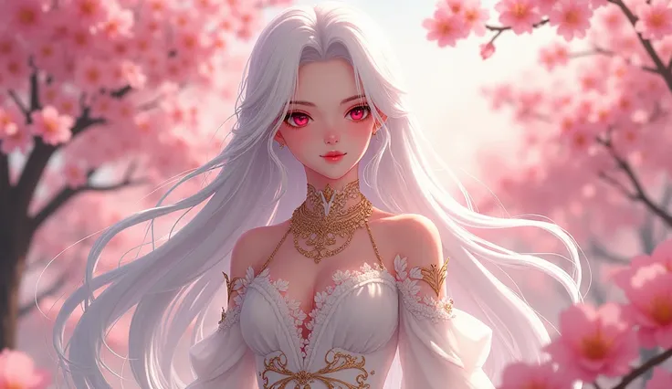 Anime girl with red eyes and long white hair and white spring clothes with shiny golden jewelry +18 showing the full body. Spring background with pink flowers