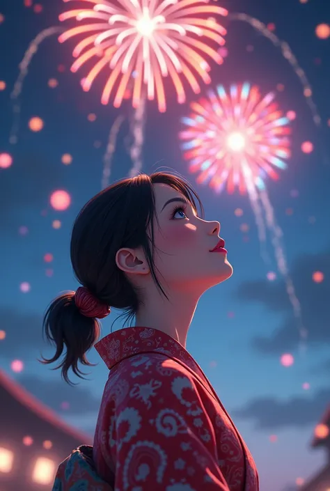 glass fireworks, a cute woman looking up at it, holograms falling, glass fireworks in the night sky, studio light　the woman is beautiful, with big blue eyes, a well-proportioned nose, red lips, a smile, wearing a kimono, black hair in a ponytail, america