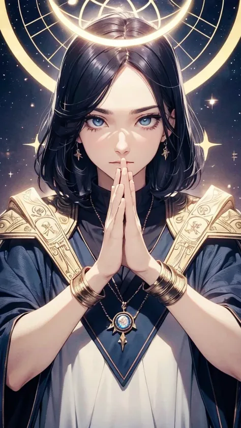 tarot,Hands together,vulcan salute,Attention, halo behind head,finely_detailed, perfect_body, perfect_eyes, perfect_face, perfect_fingers,