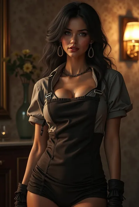 a sexy girl with big breasts, wide hips, black hair, grey eyes, wearing makeup, earrings, gloves, a short shirt, an apron, and pants, with a slight smile, (best quality,4k,8k,highres,masterpiece:1.2),ultra-detailed,(realistic,photorealistic,photo-realistic...