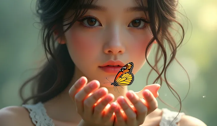 Beautiful girl showing butterfly.