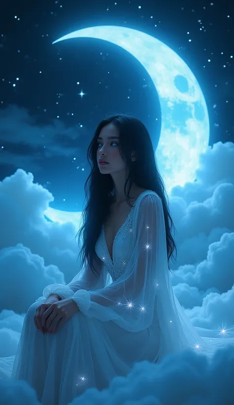 Beautiful woman with jet black hair European features charming blue eyes nymph sitting on beautiful clouds in a beautiful place with a bright glow blue lights in a light cloak dress with white sparks blue glow, The image shows a serene scene where a woman ...