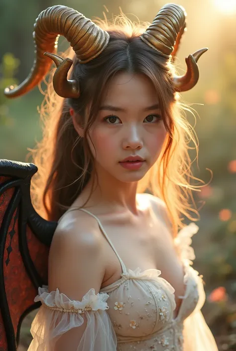 A so beautiful girl 15 year-old Thailand sexy woman,

This image depicts a cosplayer dressed in a fantasy or demon-inspired outfit. The character wears large, golden, ram-like horns on their head, and a set of dark, bat-like wings with a lightning pattern....